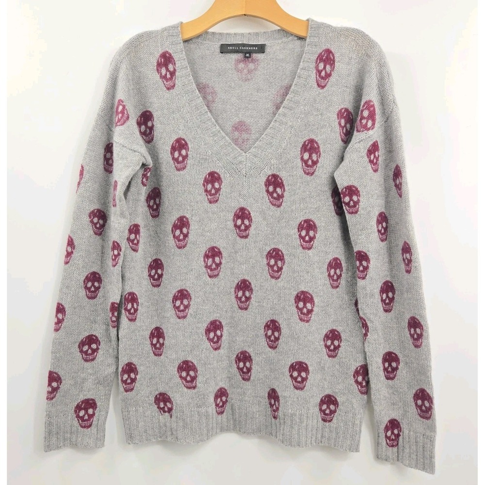 Skull Cashmere Sweater Size Medium Riley Grey Burgundy Skulls V Neck